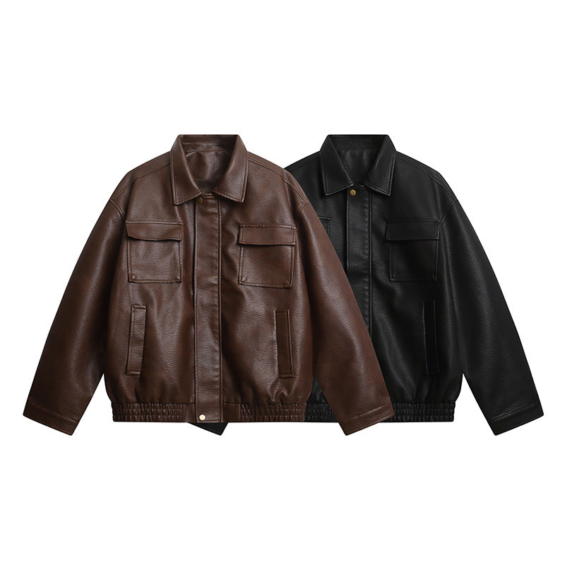 Metal Zipper Loose Muted Brown PU Leather Jacket for Men