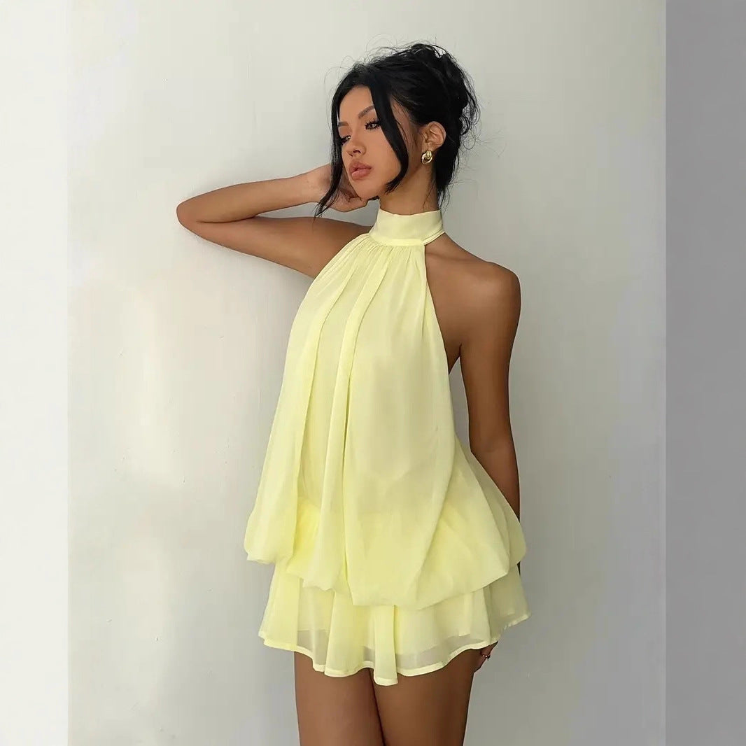 Women's vacation fitted sexy backless halter neck tie-waist dress with puffy short skirt