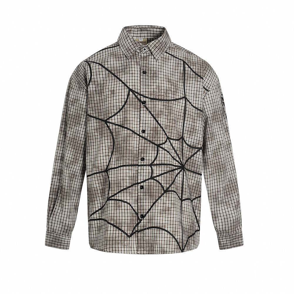 Unique Trendy Tie-Dye Plaid Long Sleeve Shirt for Men Vibe Design Spider Web Letter Print Shirt