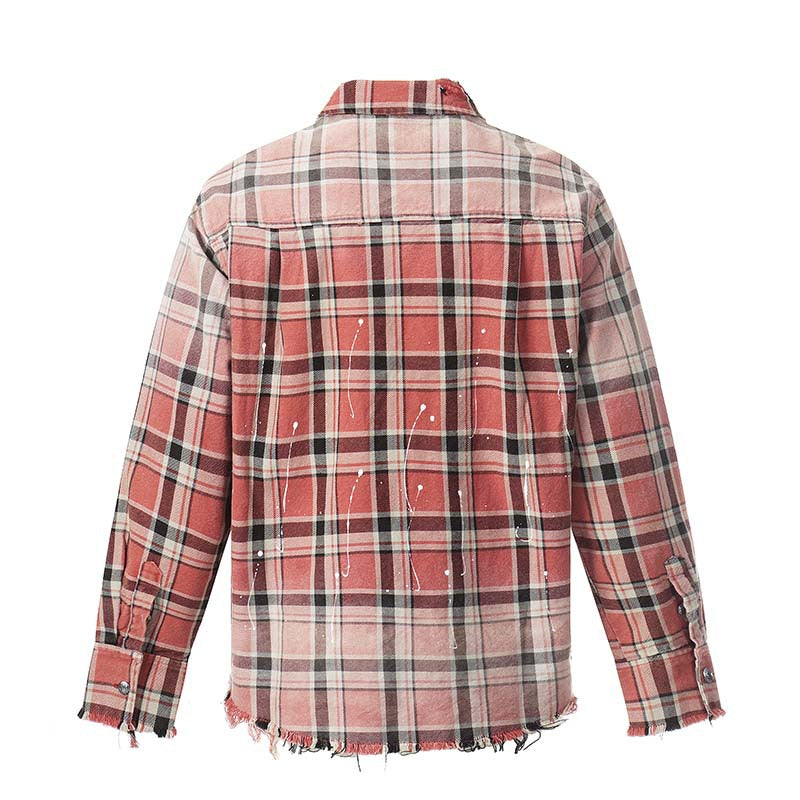 Chemise à Carreaux Dégradé Frangée Rétro Americana Manches Longues pour Homme