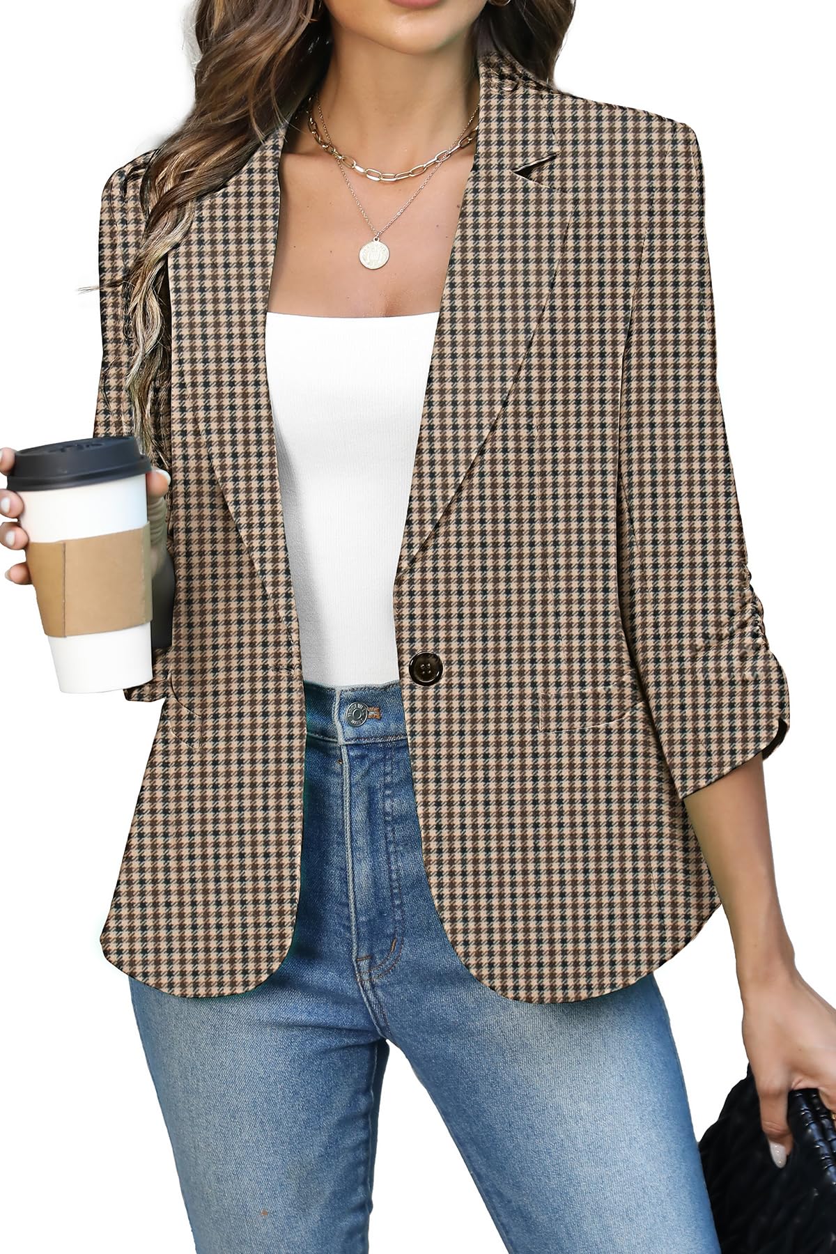 ELLEVEN Women's Ruched 3/4 Sleeve Blazer, Lightweight Fitted Jacket