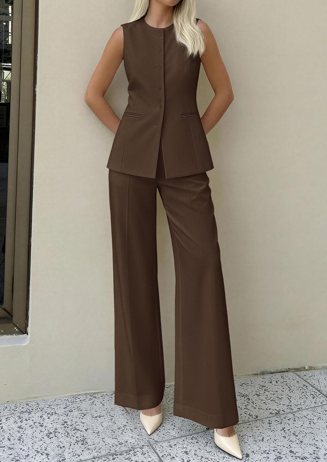 PRETTYGARDEN Women's 2 Piece Sets Business Casual Outfits | Sleeveless Vest Tops, Wide Leg Pants, Pantsuits with Pockets, Button-Front, Work Office Wear, Matching Sets Women Clothing