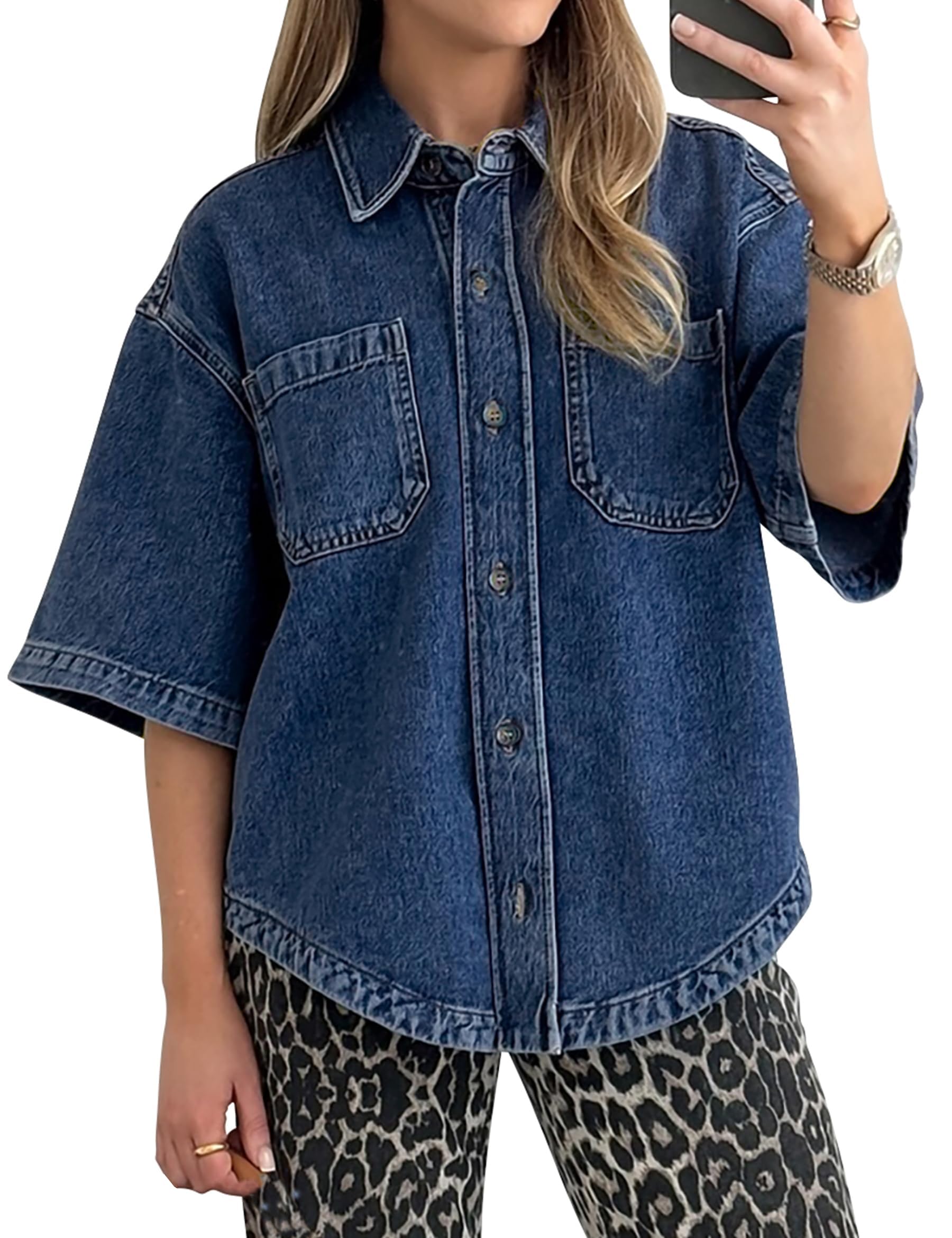 Kedera Women's Denim Shirt Casual Button Down Short Sleeve Jean Shirts Casual Top Outfits Trendy