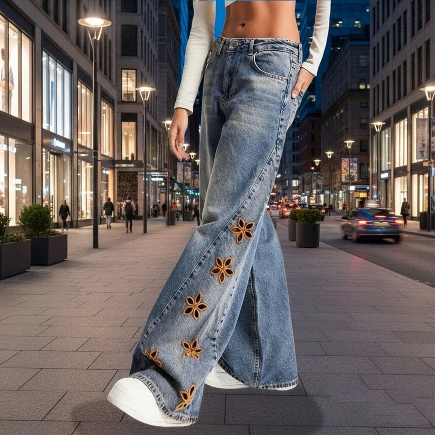 Womens Floral Embroidered Wide Leg Jeans Loose Baggy Casual Pants | Light Wash Jeans Women High Waist Straight Leg For Butt Lifting Leggings Petite Jeggings With Pockets Women'S Pants Leopard