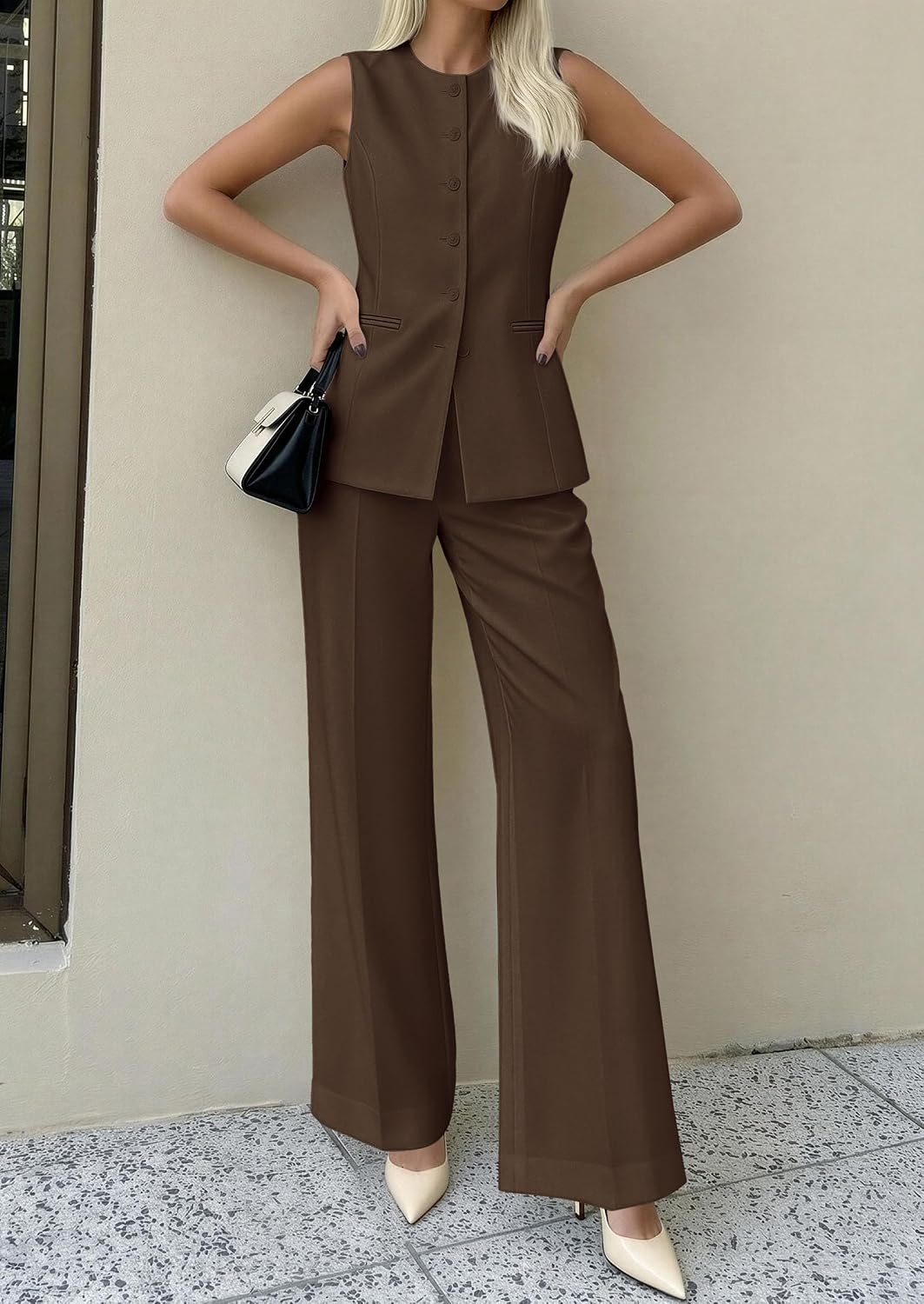 PRETTYGARDEN Women's 2 Piece Sets Business Casual Outfits | Sleeveless Vest Tops, Wide Leg Pants, Pantsuits with Pockets, Button-Front, Work Office Wear, Matching Sets Women Clothing