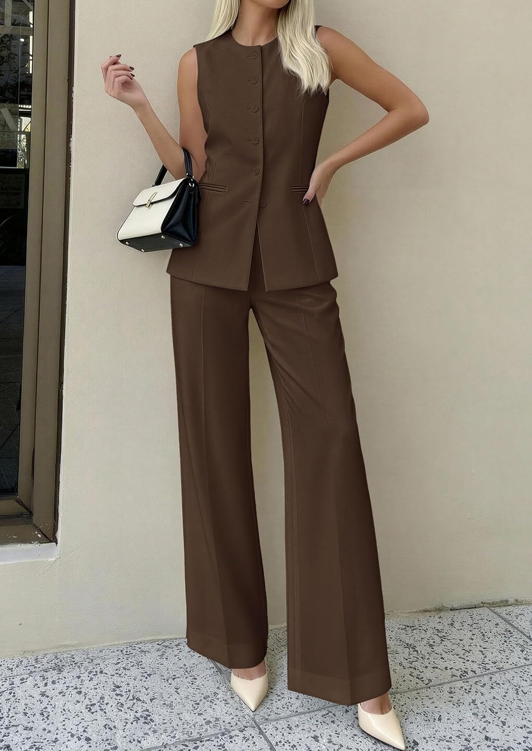 PRETTYGARDEN Women's 2 Piece Sets Business Casual Outfits | Sleeveless Vest Tops, Wide Leg Pants, Pantsuits with Pockets, Button-Front, Work Office Wear, Matching Sets Women Clothing