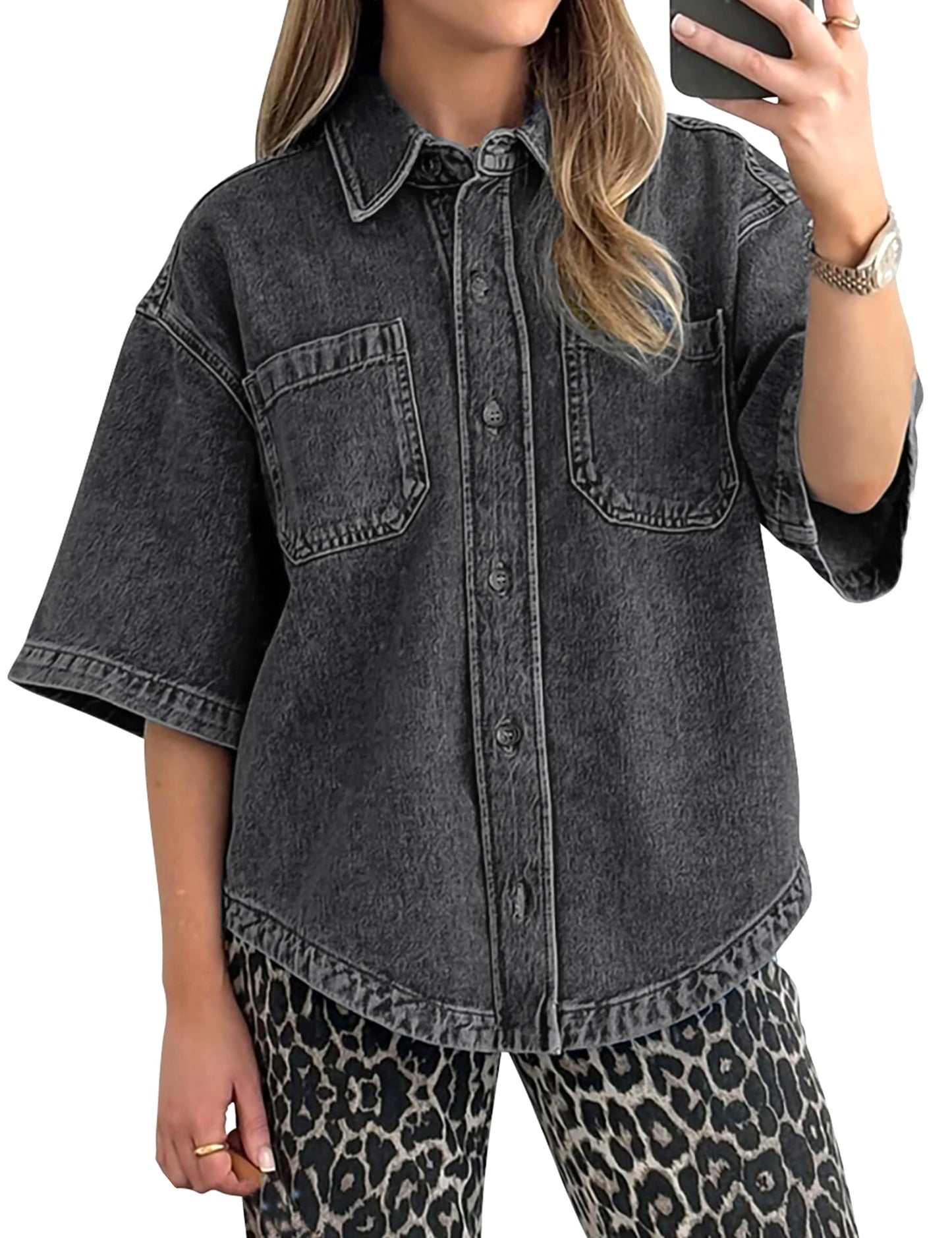 Kedera Women's Denim Shirt Casual Button Down Short Sleeve Jean Shirts Casual Top Outfits Trendy