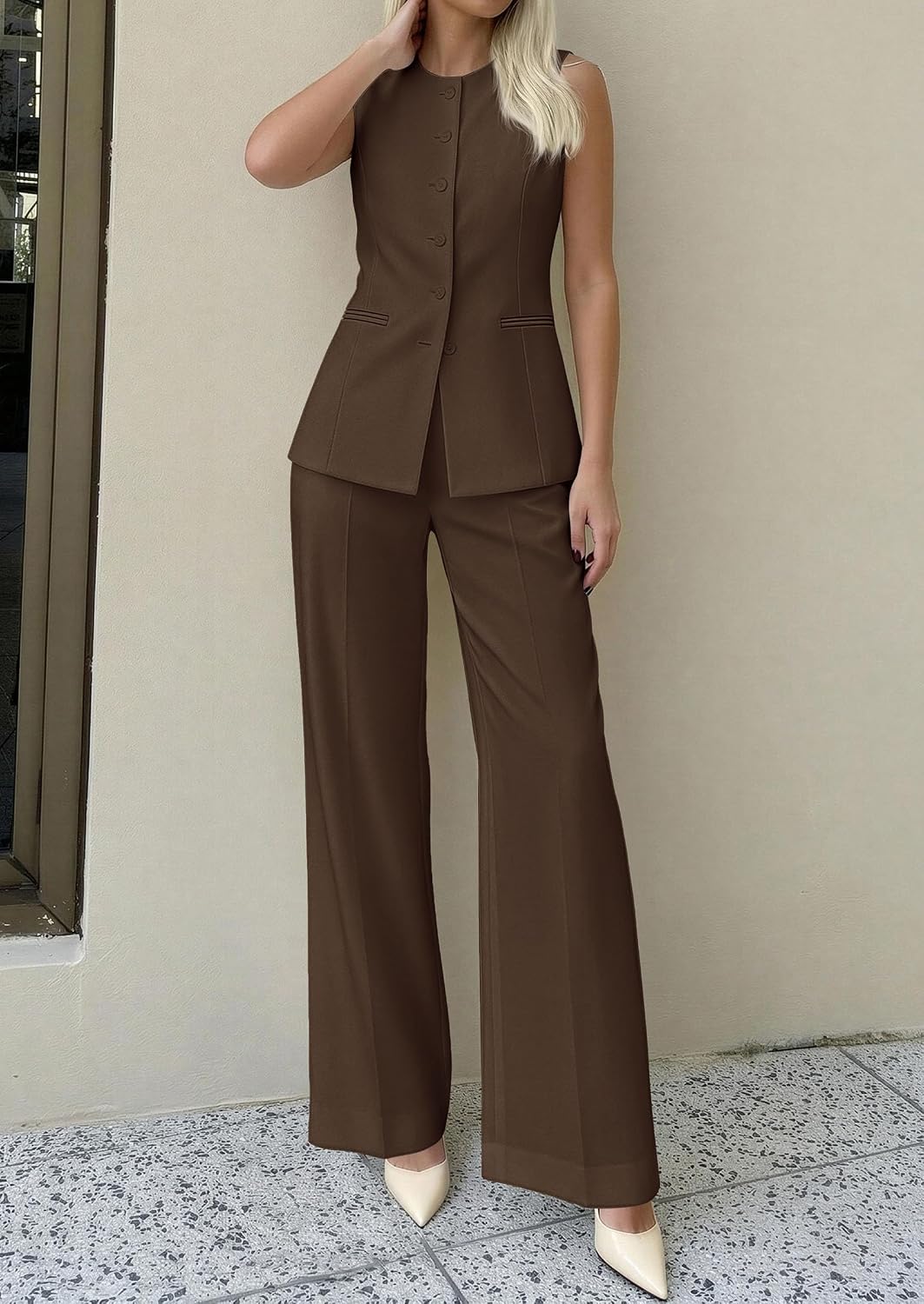 PRETTYGARDEN Women's 2 Piece Sets Business Casual Outfits | Sleeveless Vest Tops, Wide Leg Pants, Pantsuits with Pockets, Button-Front, Work Office Wear, Matching Sets Women Clothing