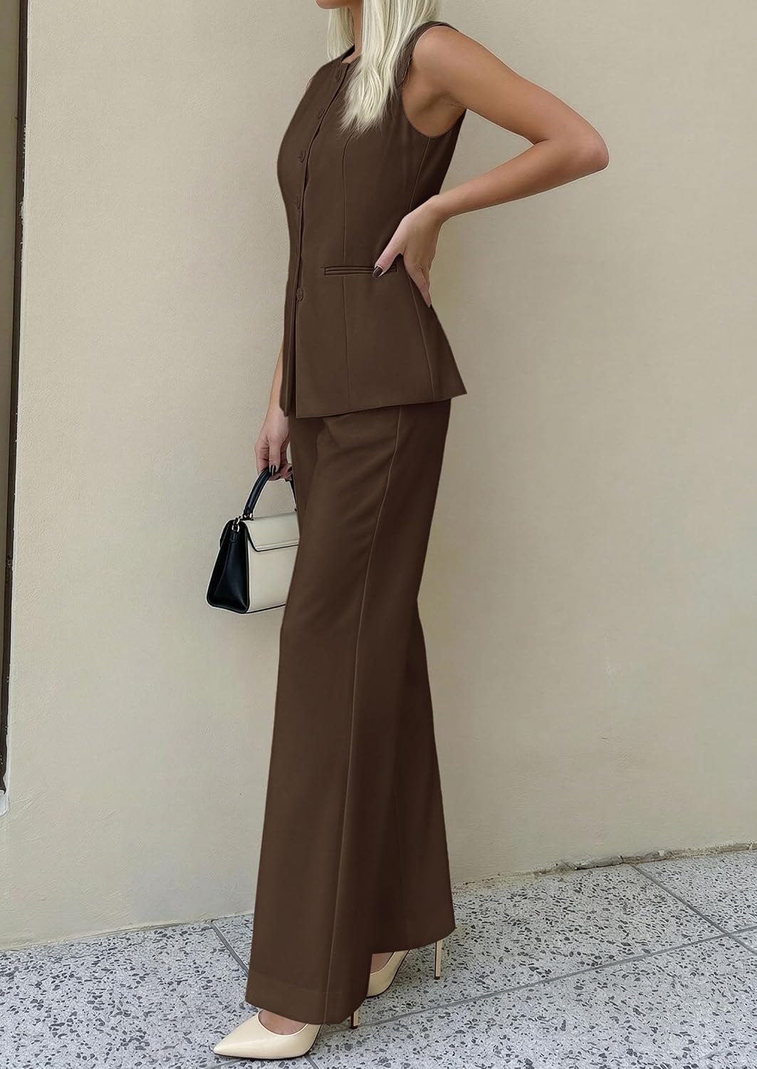 PRETTYGARDEN Women's 2 Piece Sets Business Casual Outfits | Sleeveless Vest Tops, Wide Leg Pants, Pantsuits with Pockets, Button-Front, Work Office Wear, Matching Sets Women Clothing