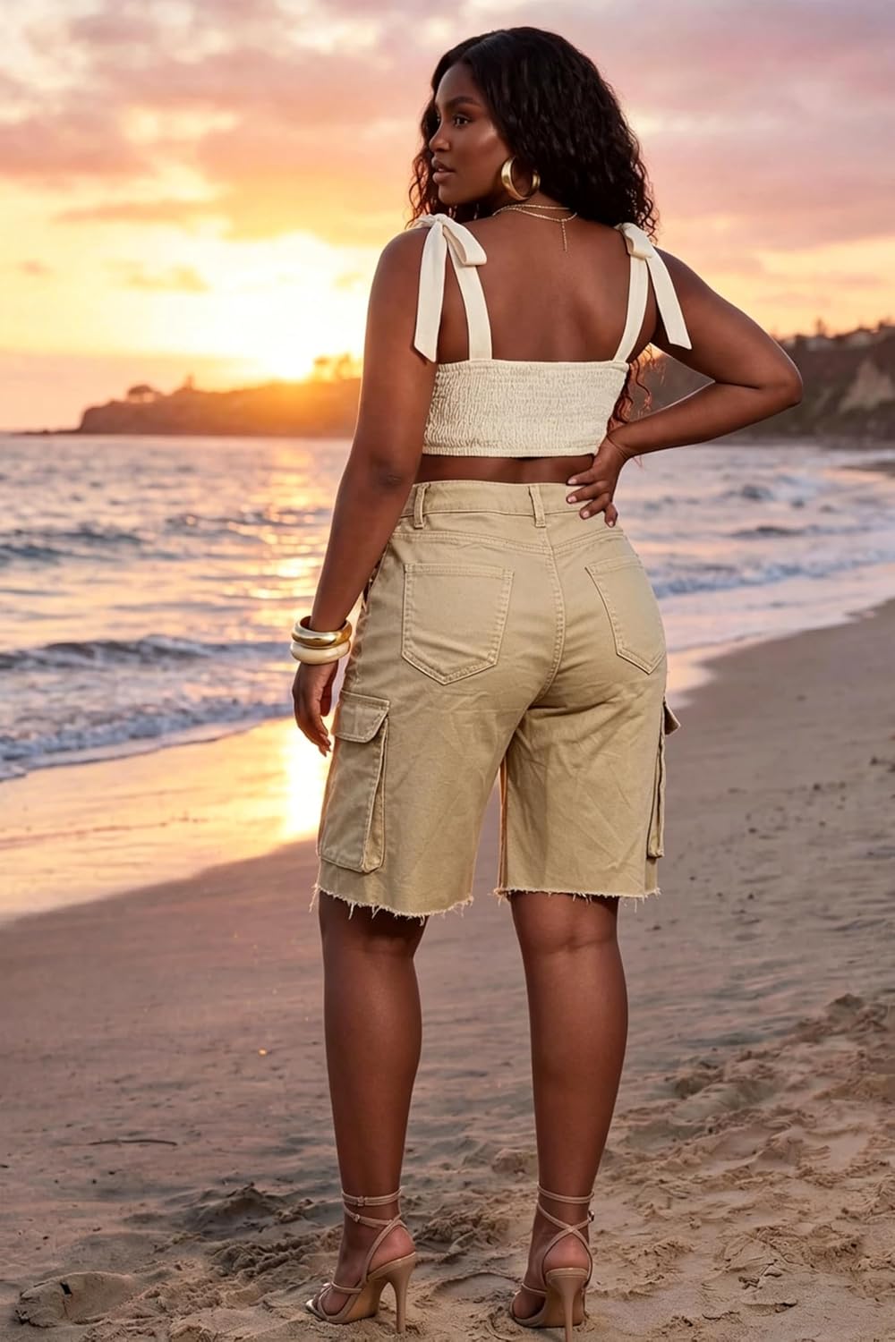 Denim Shorts Women High Waisted Summer Bermuda Stretchy Cargo Jean Casual Baggy Raw Hem Jorts with Pockets for Women