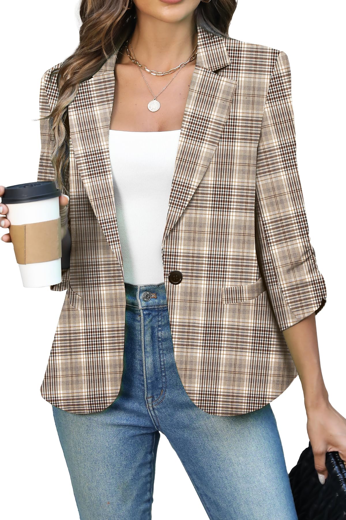ELLEVEN Women's Ruched 3/4 Sleeve Blazer, Lightweight Fitted Jacket