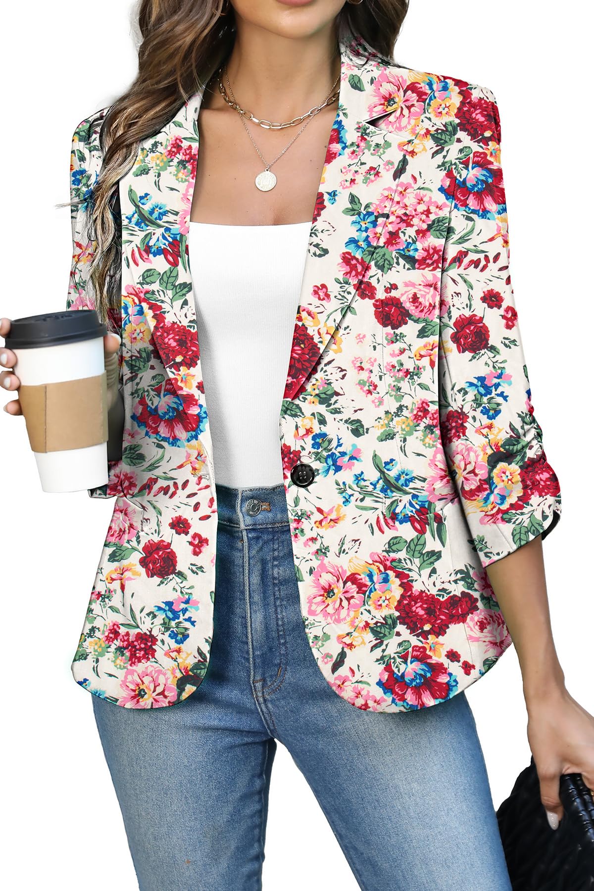 ELLEVEN Women's Ruched 3/4 Sleeve Blazer, Lightweight Fitted Jacket