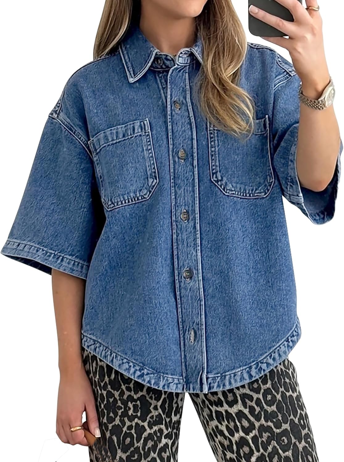 Kedera Women's Denim Shirt Casual Button Down Short Sleeve Jean Shirts Casual Top Outfits Trendy