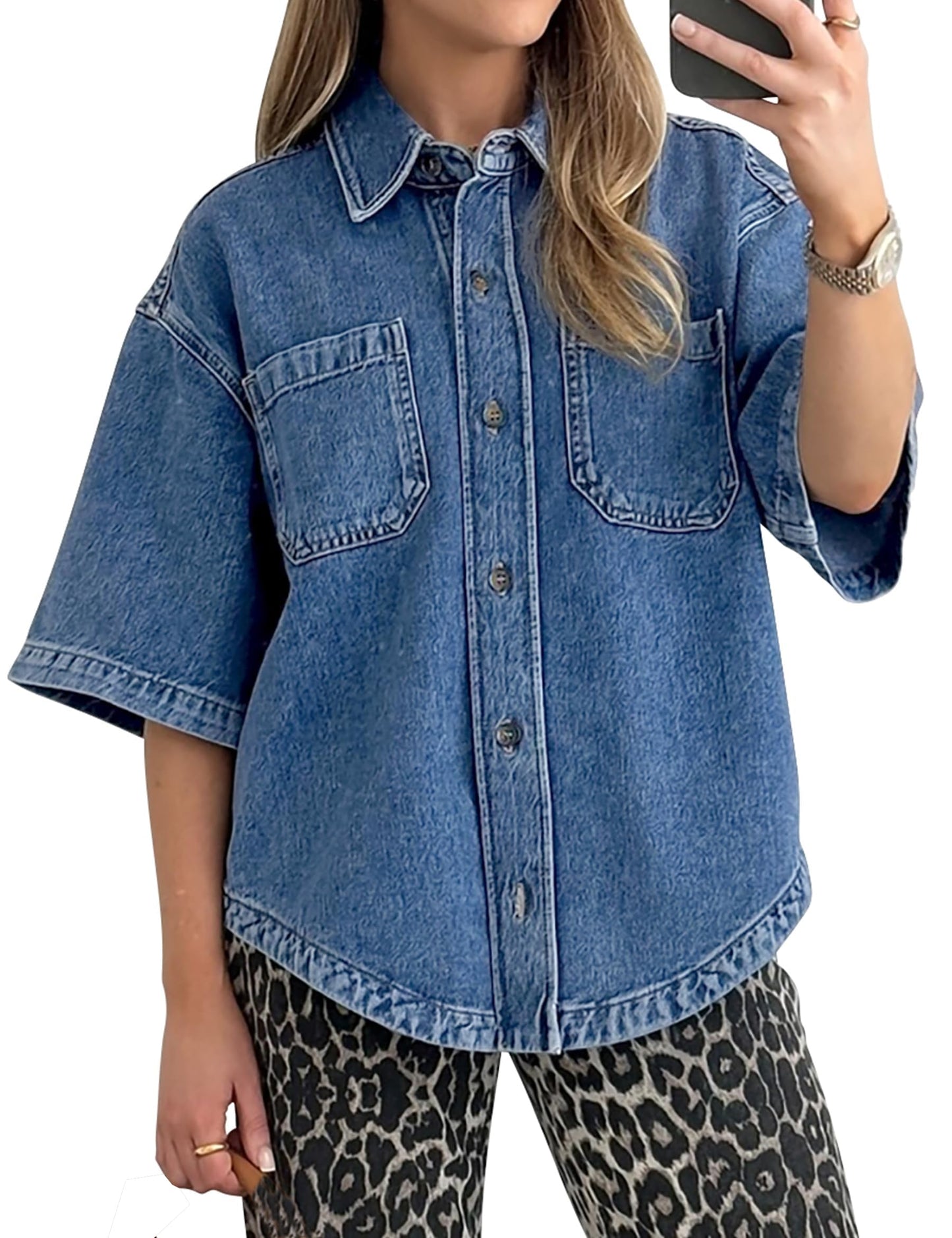 Kedera Women's Denim Shirt Casual Button Down Short Sleeve Jean Shirts Casual Top Outfits Trendy