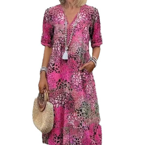 Pocket Long Dress with Lace Trim V-Neck Short Sleeve Dress for Women