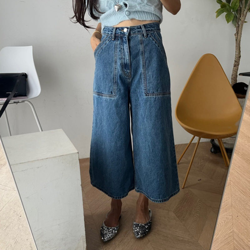 Korean style chic retro washed high waisted large pocket A-line slimming loose denim wide leg pants cropped pants