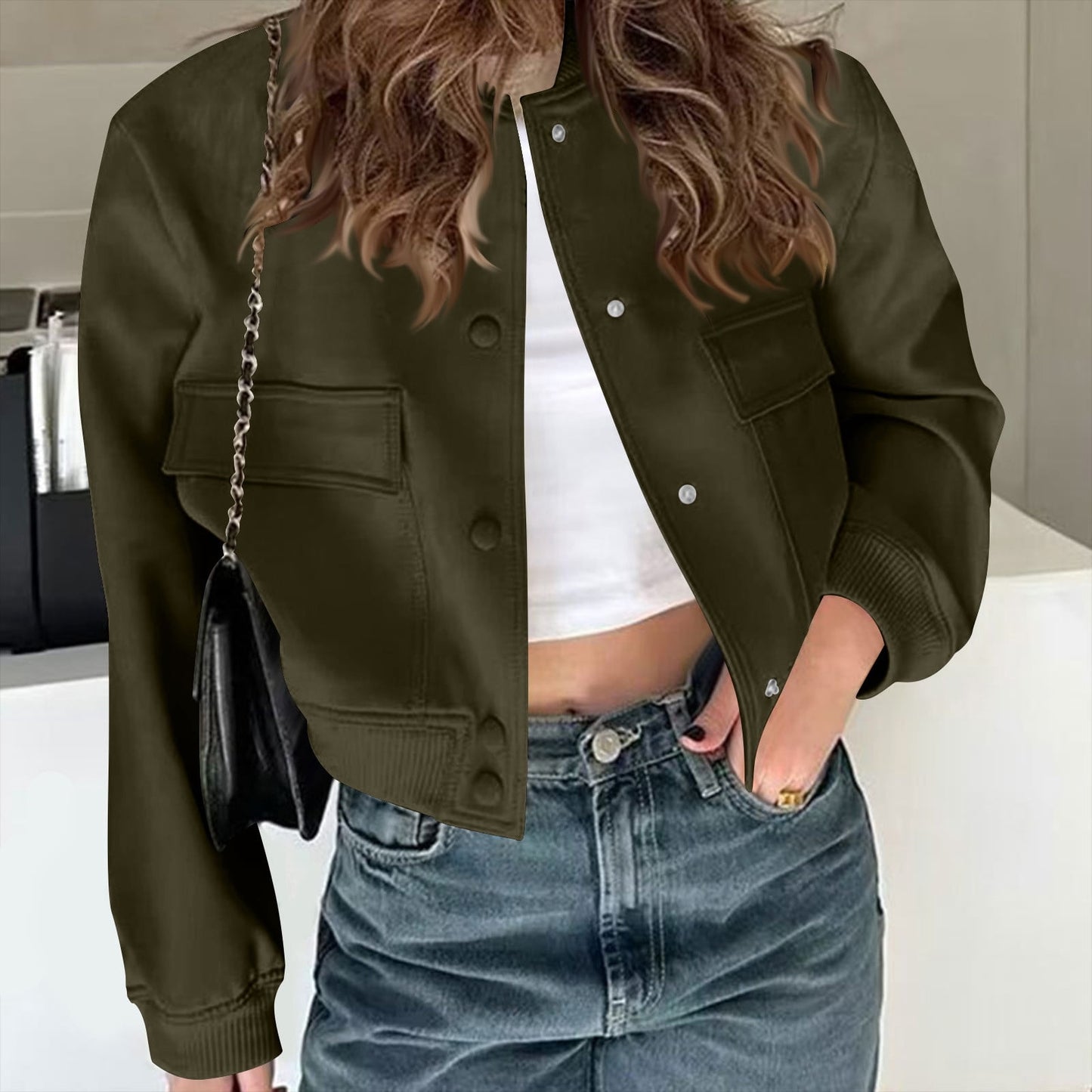 Karight Women's Spring Varsity Bomber Jackets Long Sleeve Cropped Button Down Casual Coat with Pockets Outwear