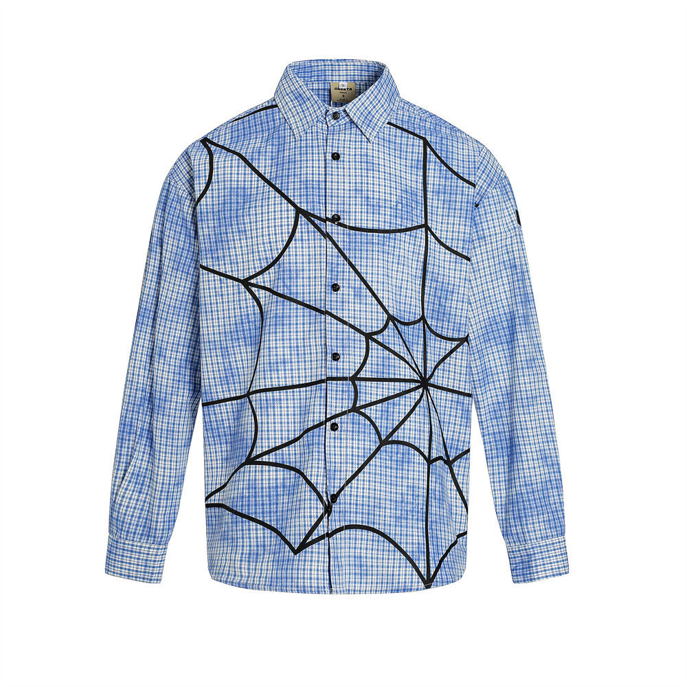 Unique Trendy Tie-Dye Plaid Long Sleeve Shirt for Men Vibe Design Spider Web Letter Print Shirt
