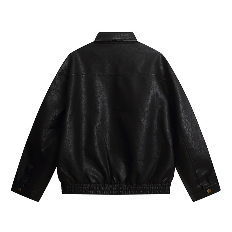 Metal Zipper Loose Muted Brown PU Leather Jacket for Men