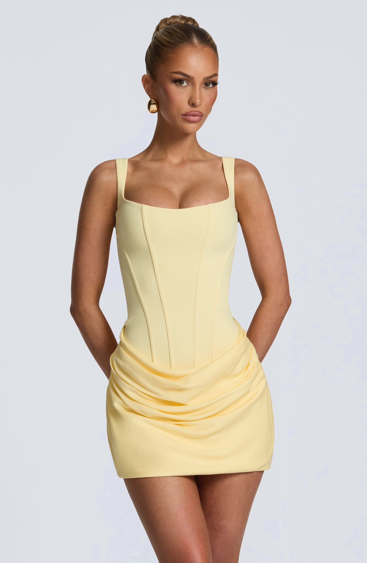Square Neck Sleeveless High Waist Tie Belt Slim Fit Elegant 3D Pleated Bodycon Short Dress
