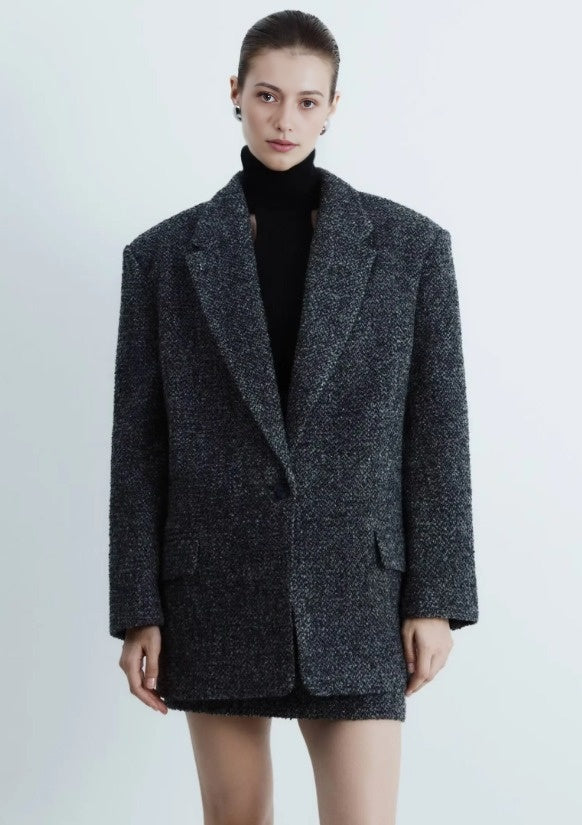 Flip collar one button casual woolen coat+high waisted hip hugging skirt casual suit for women