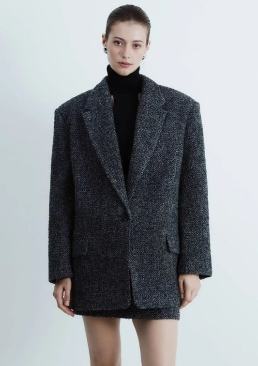 Flip collar one button casual woolen coat+high waisted hip hugging skirt casual suit for women