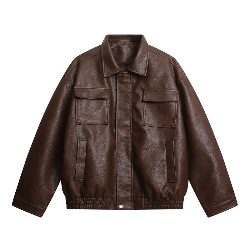 Metal Zipper Loose Muted Brown PU Leather Jacket for Men