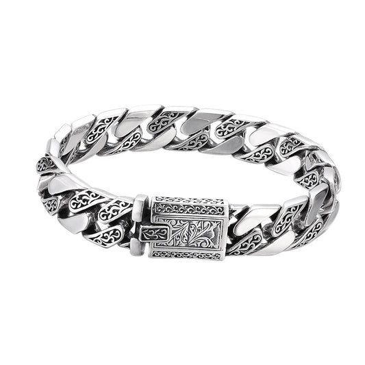 925 Silver Bracelet Pattern Cuban Link Thick Men's Thai Silver Vintage Oxidized Jewelry