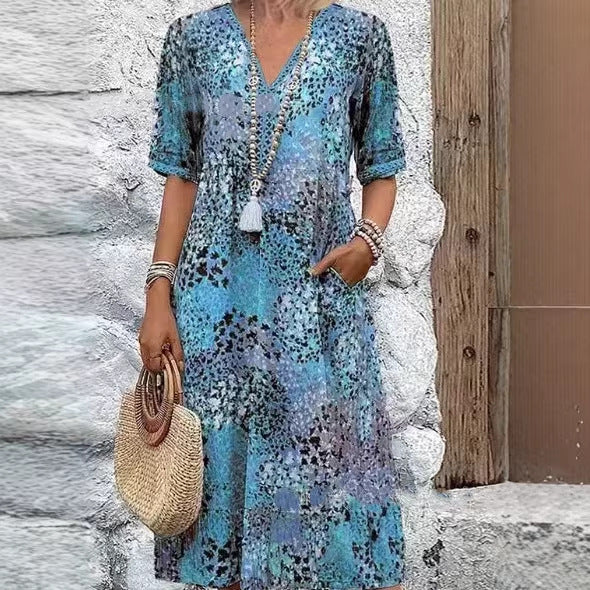 Pocket Long Dress with Lace Trim V-Neck Short Sleeve Dress for Women