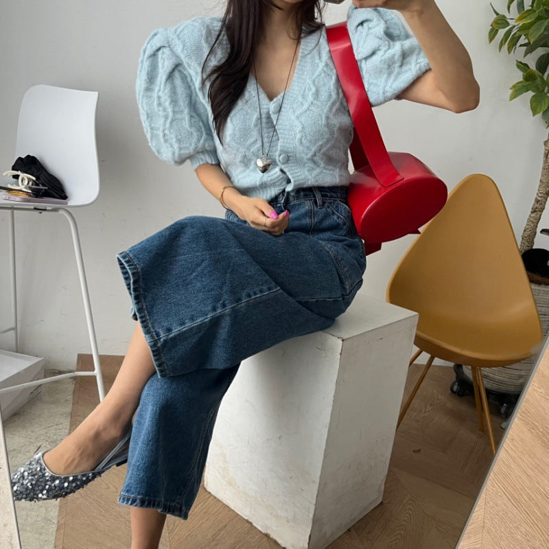 Korean style chic retro washed high waisted large pocket A-line slimming loose denim wide leg pants cropped pants