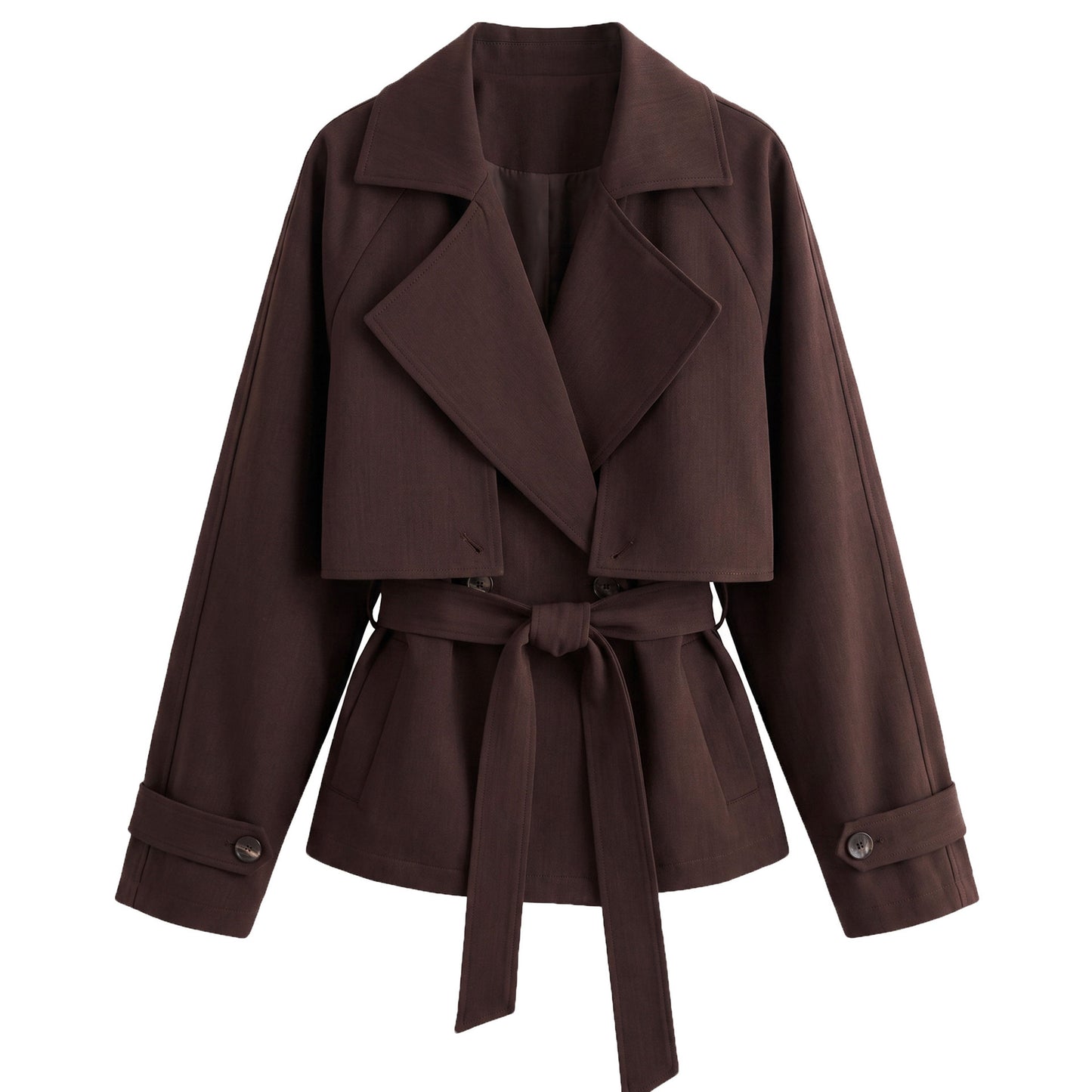 British Style Belted Waist Flip Collar Trench Coat for Women Short Outerwear with Elegant Chic Look