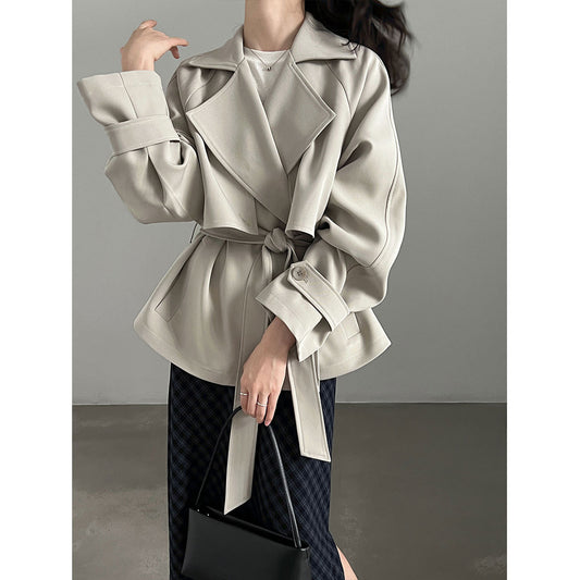 British Style Belted Waist Flip Collar Trench Coat for Women Short Outerwear with Elegant Chic Look