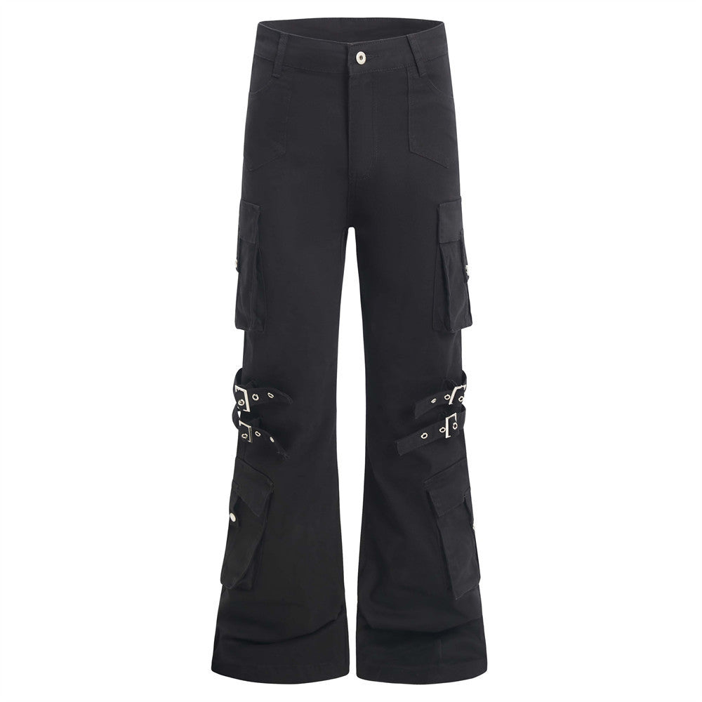 Vibe American Style Flared Work Pants with Unique Belt Design and Multiple Pockets for Men