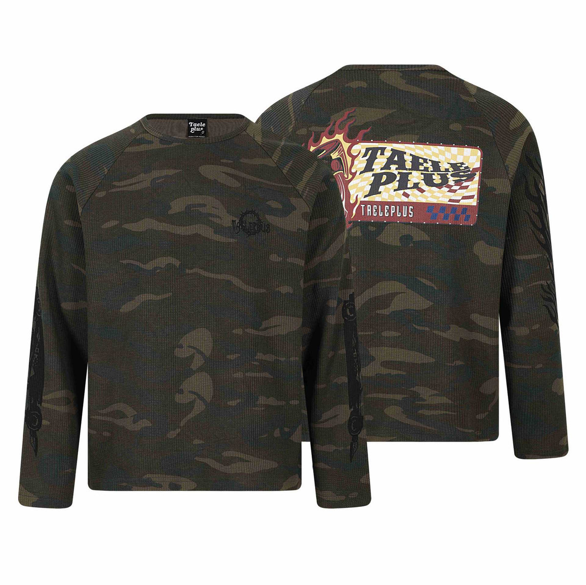 Camouflage Waffle Knit Street Graffiti Printed Long Sleeve T-Shirt for Men