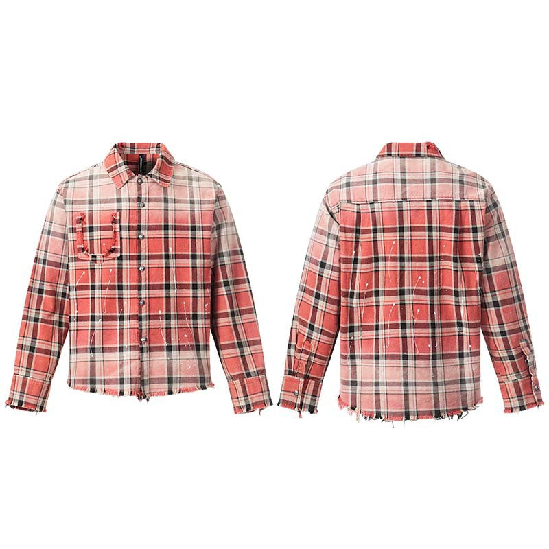 Chemise à Carreaux Dégradé Frangée Rétro Americana Manches Longues pour Homme