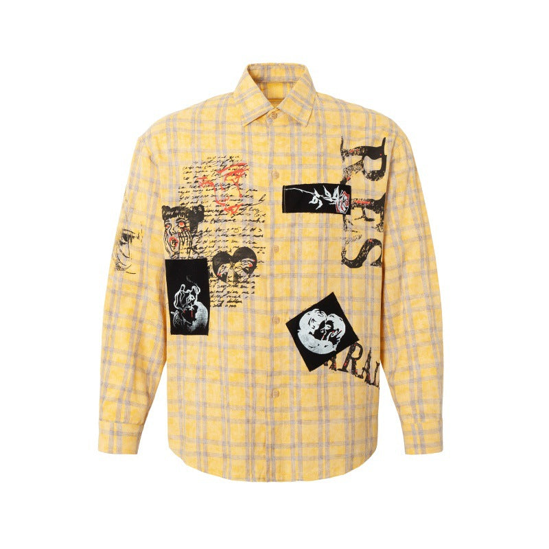 Spray painted graffiti checkered long sleeved shirt for men and women loose fitting shirt