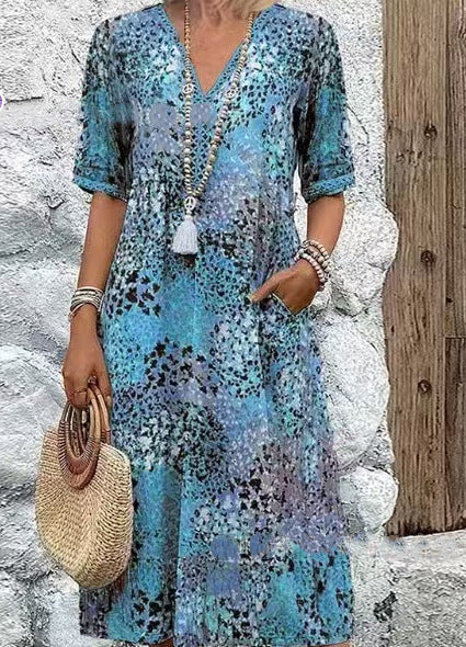 Pocket Long Dress with Lace Trim V-Neck Short Sleeve Dress for Women