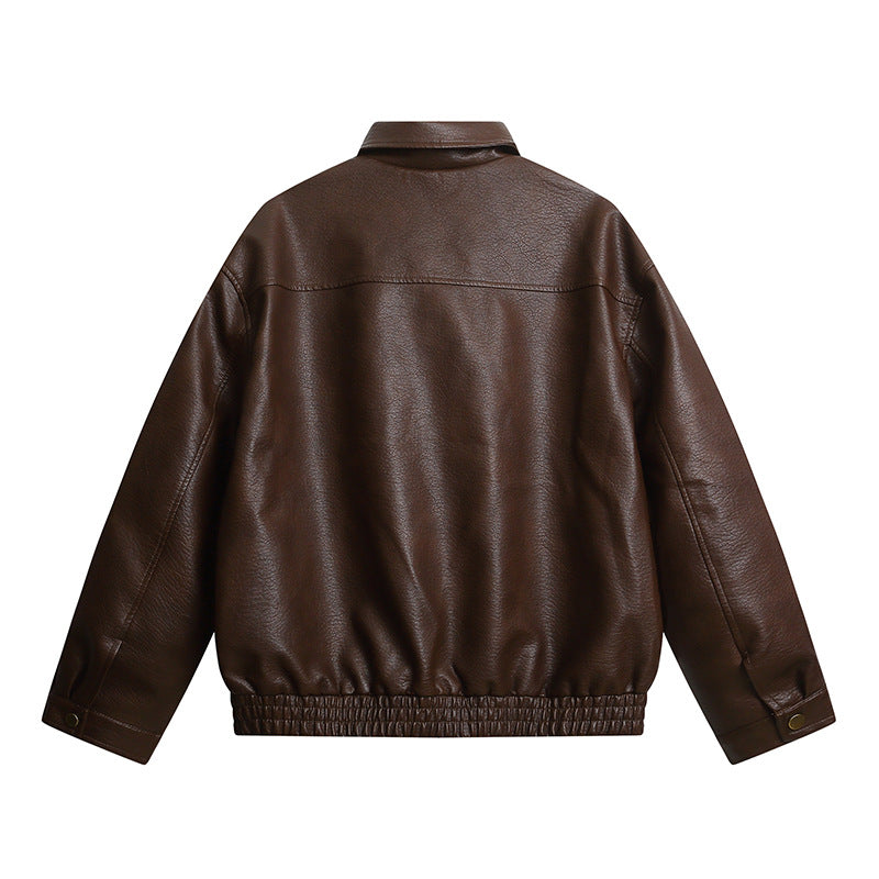 Metal Zipper Loose Muted Brown PU Leather Jacket for Men