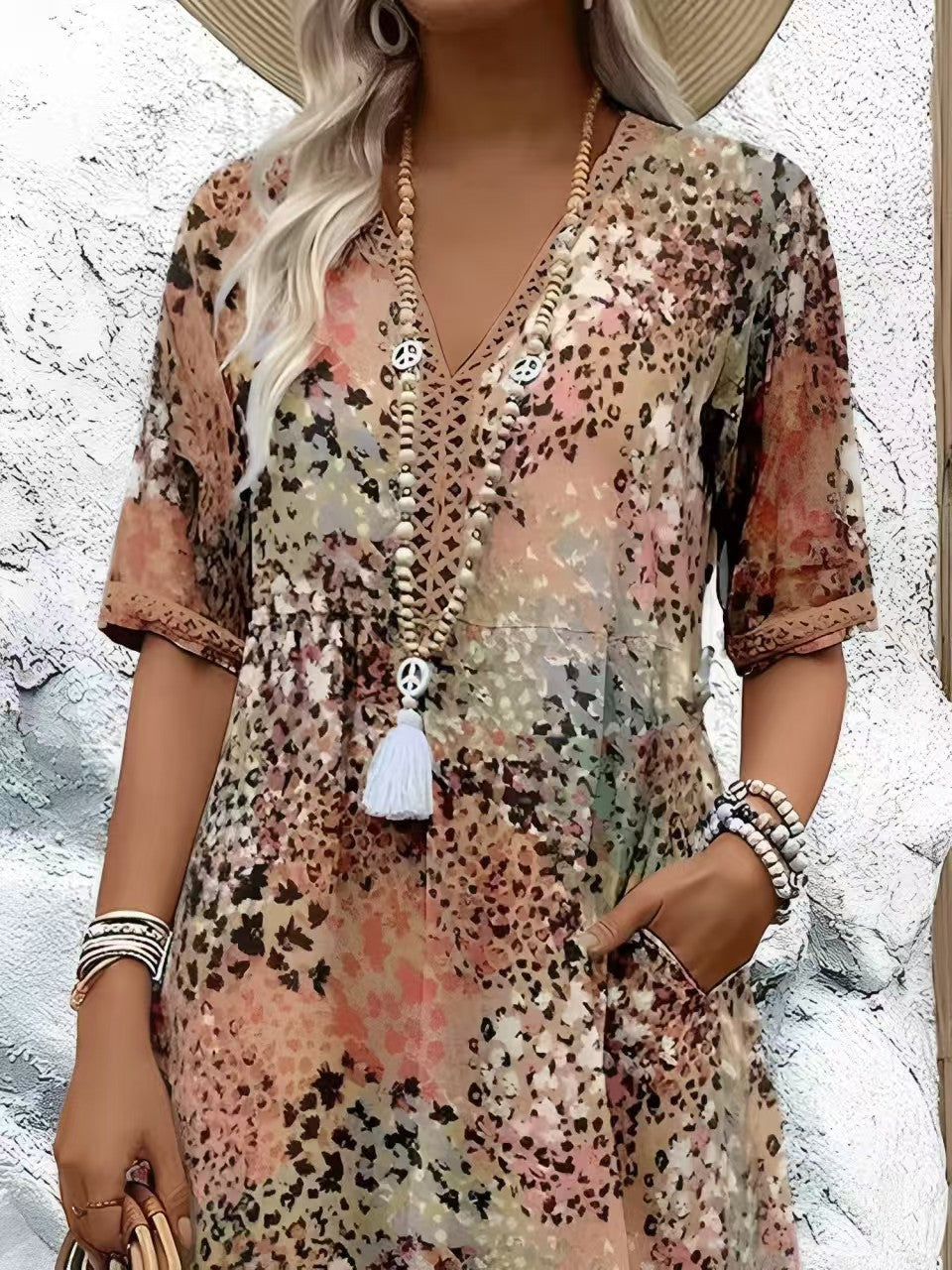 Pocket Long Dress with Lace Trim V-Neck Short Sleeve Dress for Women