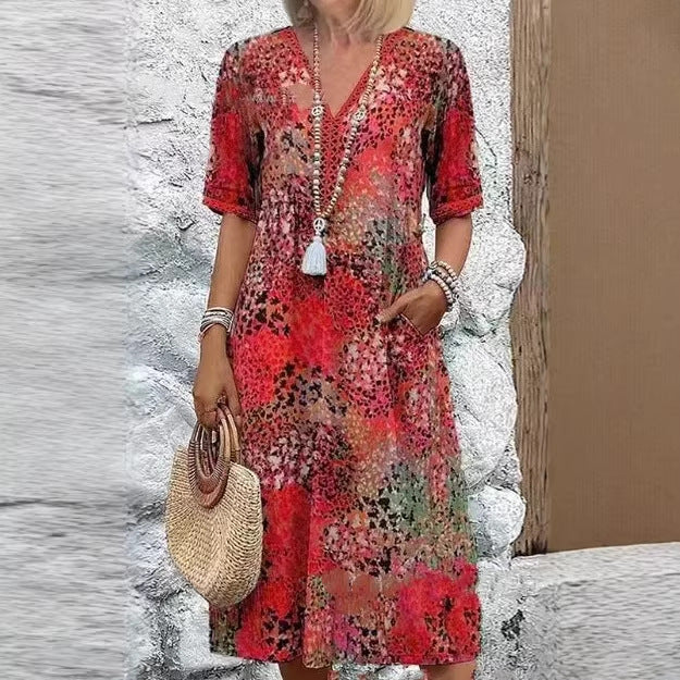 Pocket Long Dress with Lace Trim V-Neck Short Sleeve Dress for Women