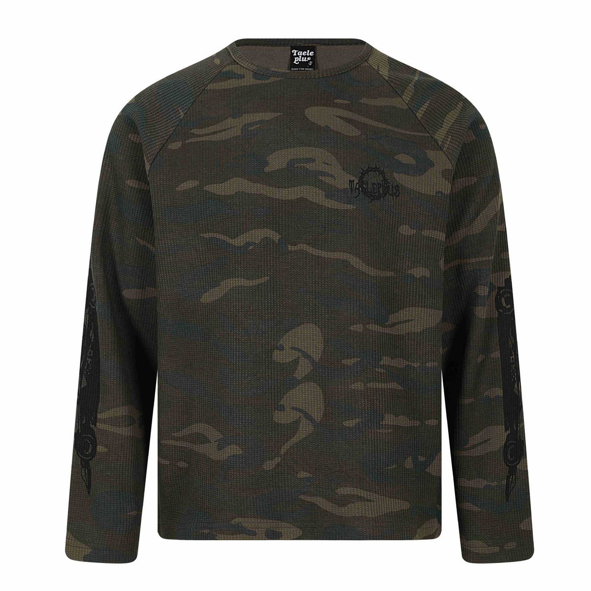 Camouflage Waffle Knit Street Graffiti Printed Long Sleeve T-Shirt for Men
