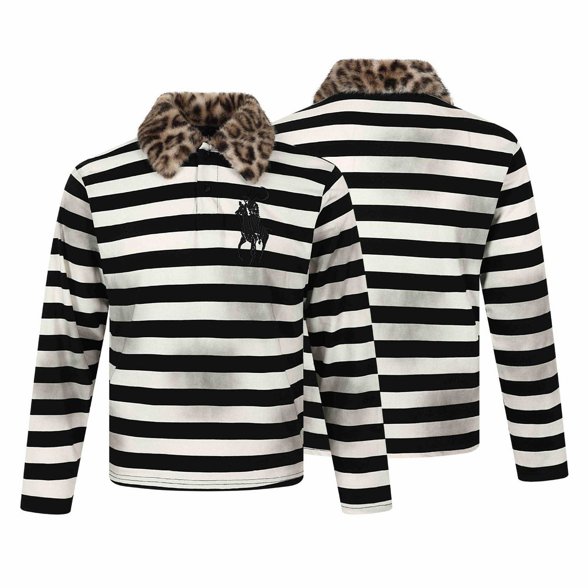 Striped Distressed Spray Print Leopard Collar Polo Long Sleeve T-Shirt Men