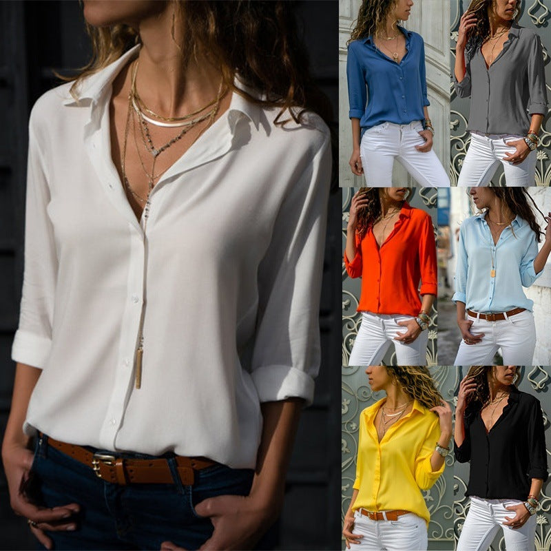 Ladies' Long Sleeve Deep V-Neck Buttoned Chiffon Blouse