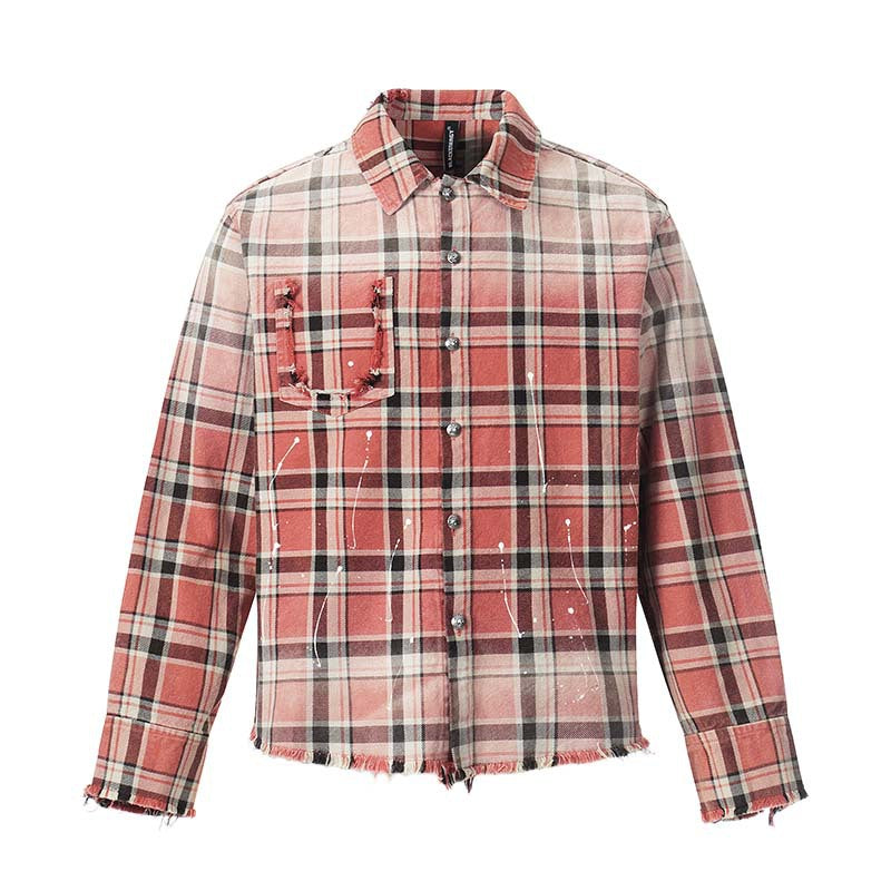 Chemise à Carreaux Dégradé Frangée Rétro Americana Manches Longues pour Homme
