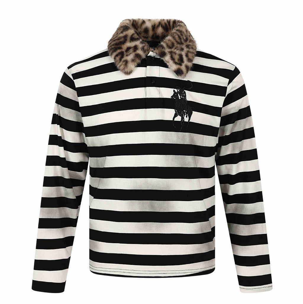 Striped Distressed Spray Print Leopard Collar Polo Long Sleeve T-Shirt Men