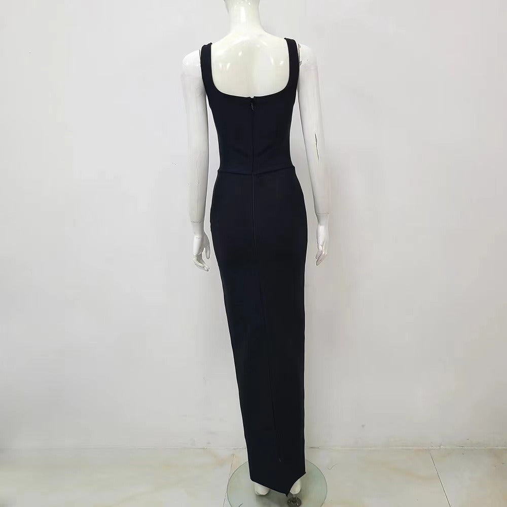 V-neck suspender with diamond embellishment buttocks wrapped bandage skirt high-end heavy industry dress