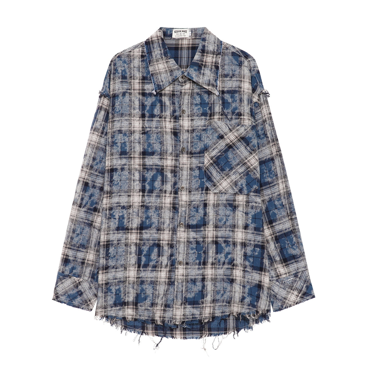 Retro Street Plaid Tie-Dye Long Sleeve Shirt Men Oversize Loose Design Fringe Raw Edge Shirt