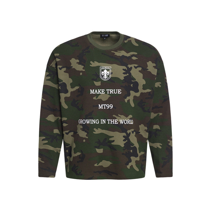 T-shirt camouflage en maille gaufrée à manches longues pour homme