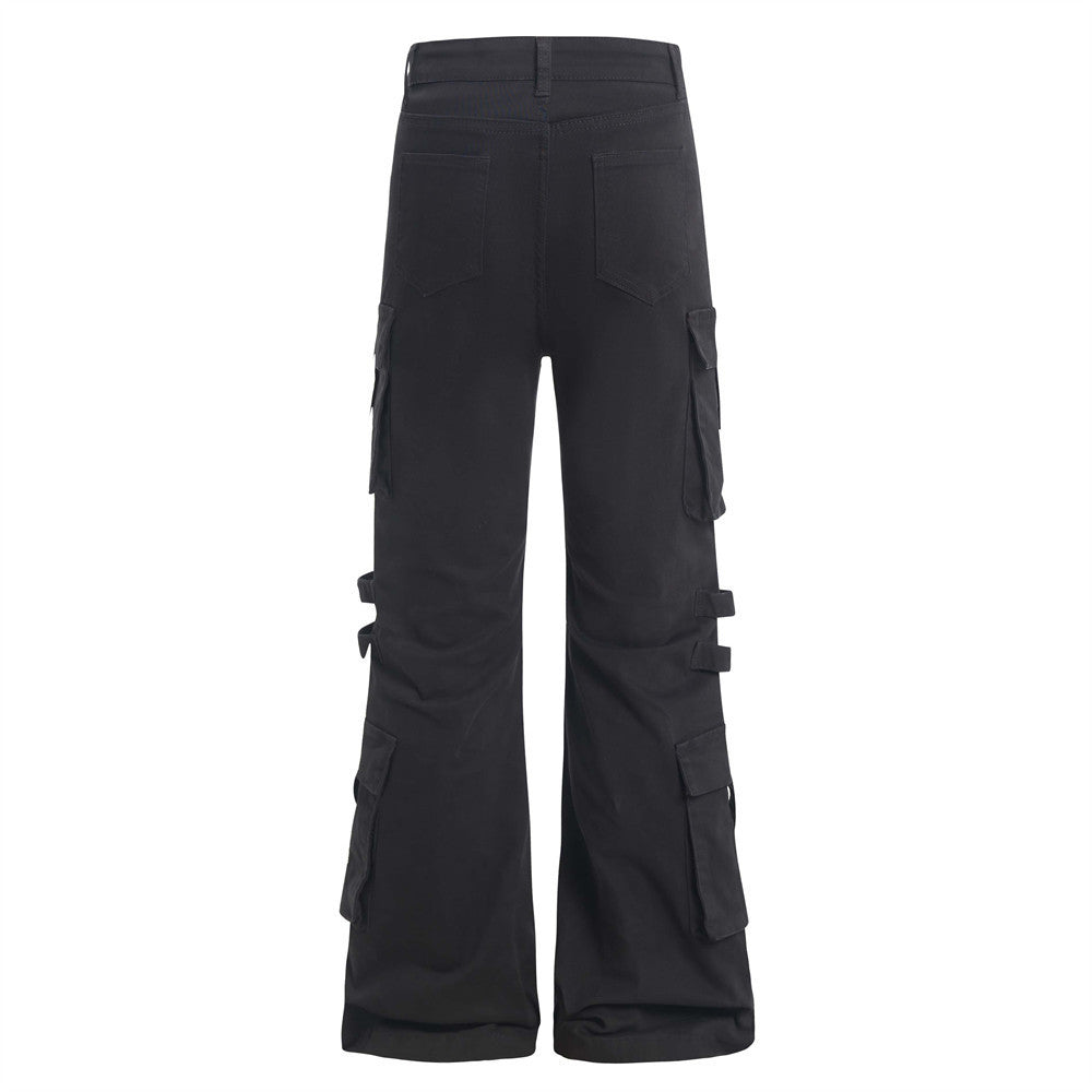 Vibe American Style Flared Work Pants with Unique Belt Design and Multiple Pockets for Men