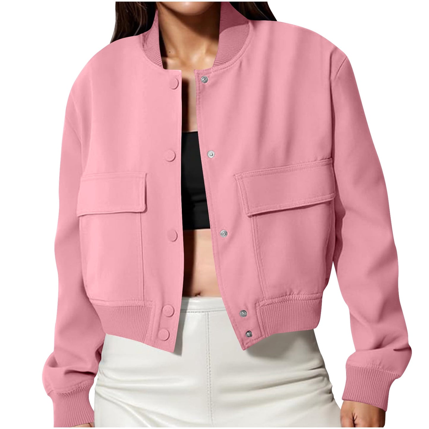 Karight Women's Spring Varsity Bomber Jackets Long Sleeve Cropped Button Down Casual Coat with Pockets Outwear